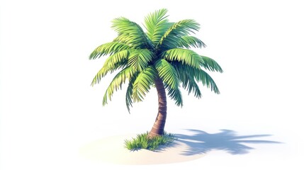 Obraz premium Single palm tree on sandy beach, sunny day, travel poster