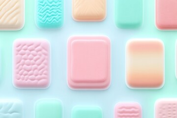 Pastel-colored geometric shapes, digitally rendered.  Soft, muted colors arranged in a grid pattern.  Various textures and ombre effects visible on each rectangular block