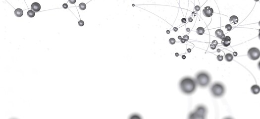 Modern abstract background image featuring interconnected gray spheres and thin lines on a white backdrop.