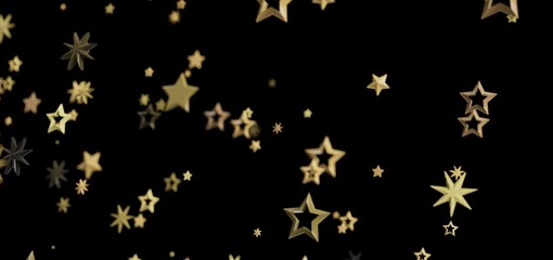 Sparkling gold stars cascading on a black backdrop. Perfect for festive designs.