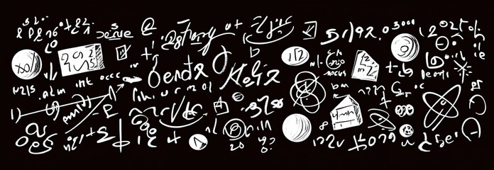 Abstract scientific notation filled with various mathematical symbols and shapes