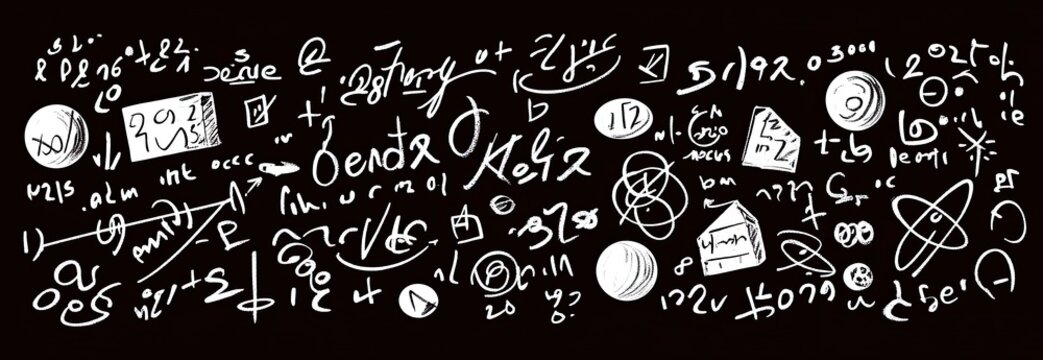Abstract scientific notation filled with various mathematical symbols and shapes