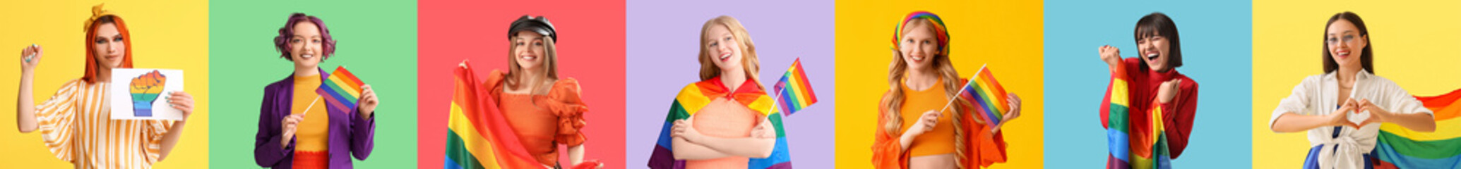 Collage of people with rainbow flags on color background. LGBT concept