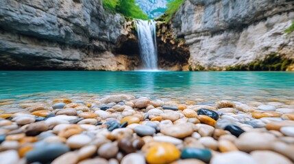Serene waterfall cascading into turquoise pool.  Pebbly shore