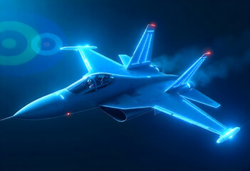 Neon-lit futuristic fighter jets flying in tight formation at night