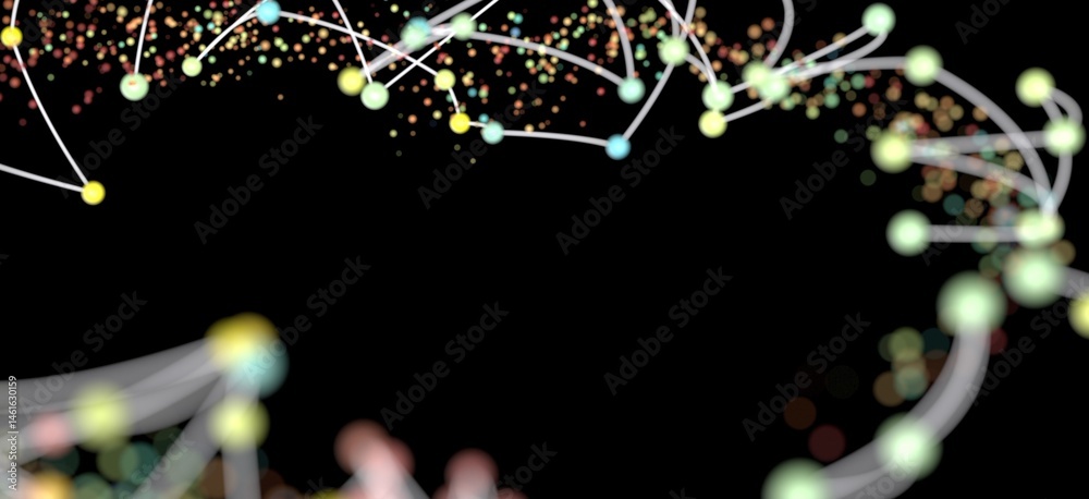 Poster Stock photo of an abstract network connection with colorful nodes and lines on a black background. Perfect for technology, data, and connectivity concepts.