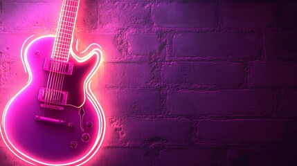 Neon pink guitar on brick wall