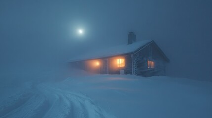 Snowy cabin, moonlit night, winter landscape, serene scene