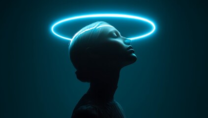 Obraz premium Serene Woman Silhouetted with Neon Halo Light Artistic Portrait