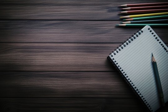 Blank notebook and colored pencils on a dark wooden table