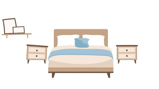 wooden bed with blue pillows and two bedside cabinets