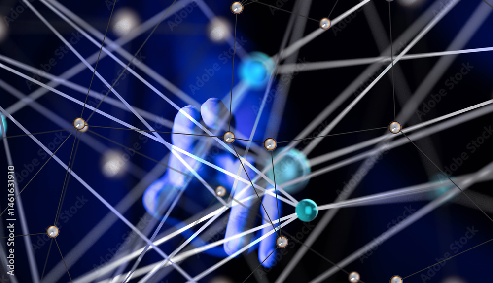 Aufkleber Global network. Blockchain. 3D illustration. Neural networks and artificial intelligence. Abstract