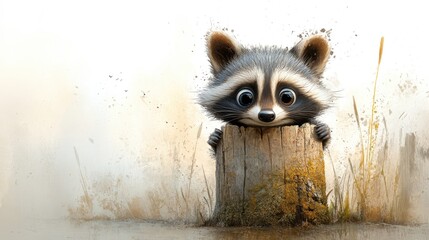 Fototapeta premium Inquisitive raccoon peeks from behind tall tree stump, moss covering ground below. For children's books, cards, and projects.