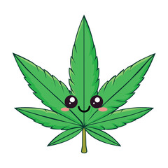 Vector illustration of cannabis leaf on white background. Cute character weed leaf in kawaii style
