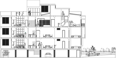 vector illustration sketch of architectural design of multi-storey boarding house building