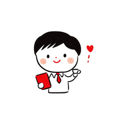 A cute animated character in business attire holding a red folder with a playful smile and a heart gesture, perfect for conveying joy and professionalism.