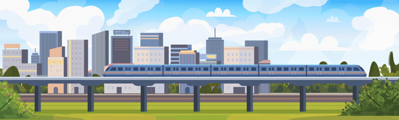  High speed subway. A modern high-speed electric train moves along the city railroad among panoramic views of the metropolis. Vector illustration. Not AI generated ©  HourGlass