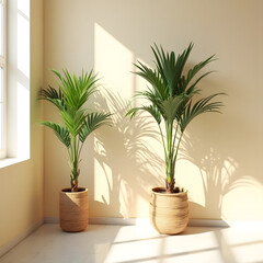 Fototapeta premium Bright Room with Two Potted Palm Plants and Natural Light