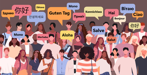 Diverse group of people say hello in different languages. Speech bubbles. Vector illustration. Not AI generated ©  HourGlass
