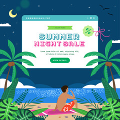 Summer sale promotion design with night beach scene illustration