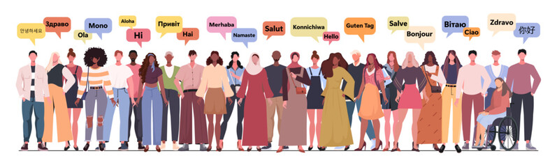Multinational young people chatting with dialogue speech bubbles in different languages. Crowd say hello. Vector illustration. Not AI generated ©  HourGlass