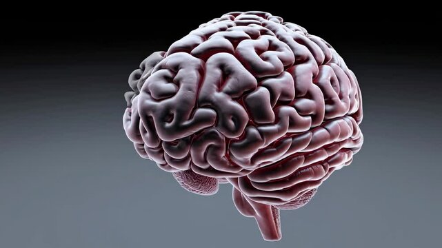 A 3D-rendered brain in a video, captured from a side angle. The style is realistic, with detailed textures and a dark gradient background.