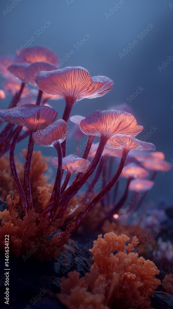 Poster Glowing pink mushrooms cluster on dark surface, illuminated from within, creating a surreal, fantasy-like scene suitable for fantasy or nature themes