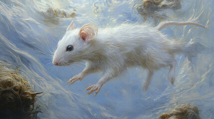 A whimsical depiction of a white mouse gracefully swimming through a dreamy blue environment, showcasing delicate fur textures.