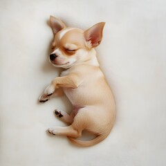 An adorable tiny chihuahua puppy sleeps soundly curled up on a soft white blanket in a peaceful pose.