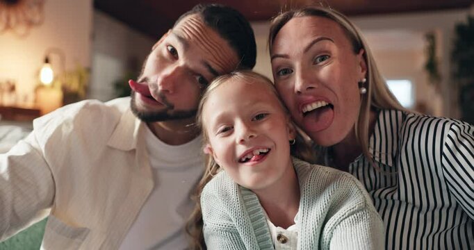 Happy family, silly faces and home with selfie at night for photography, picture or memory together. Portrait, mom and dad with playful or goofy child for capture moment or funny expressions at house