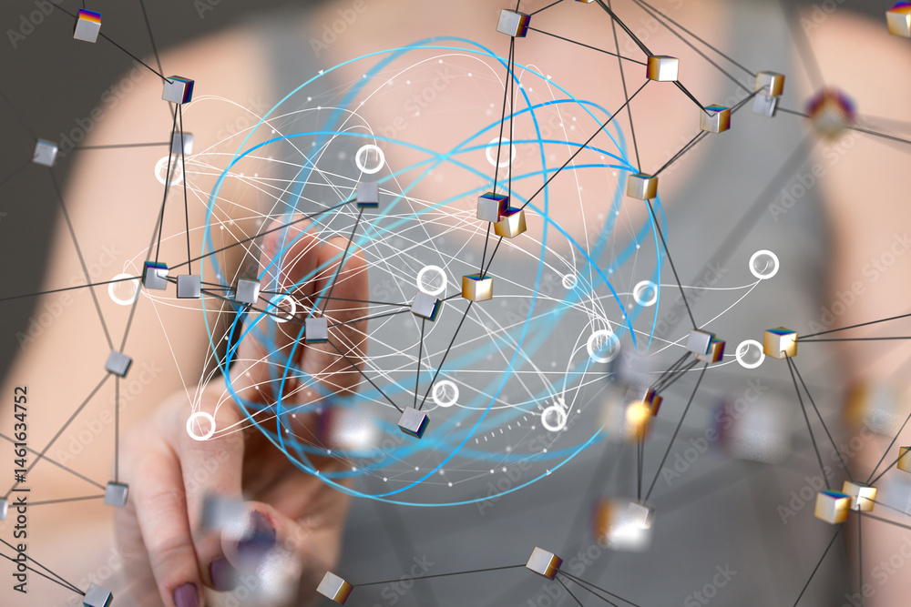 Poster Global network. Blockchain. 3D illustration. Neural networks and artificial intelligence. Abstract