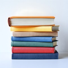 Fototapeta premium A stack of colorful hardcover books sits neatly on a white surface against a plain white background, perfect for education concepts.