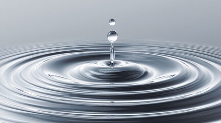 Water droplet impacting a still surface, creating ripples.  Detailed view of the ripples spreading outward in concentric circles