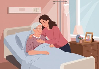 Loving daughter comforting her elderly mother in a hospital room illustration