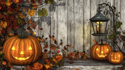 Obraz premium Autumnal Halloween scene with glowing pumpkins and leaves.