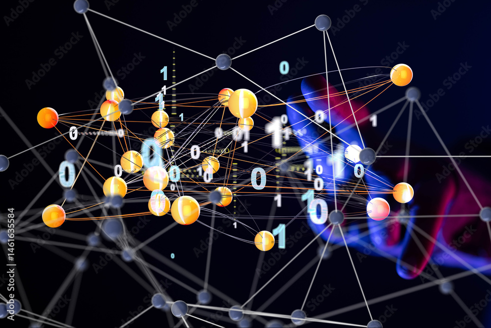 Poster Global network. Blockchain. 3D illustration. Neural networks and artificial intelligence. Abstract  3d