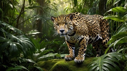 Majestic jaguar in dense rainforest