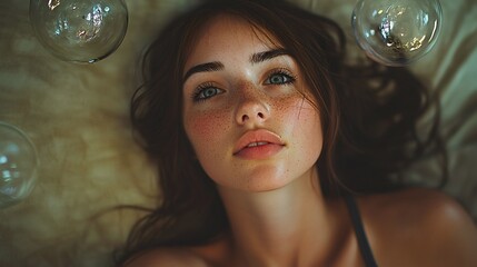 Naklejka premium Woman lying on bed staring at ceiling in a moment of stillness and contemplation in soft light