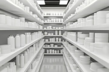 A brightly lit aisle of a store filled with white containers and bottles on shelves