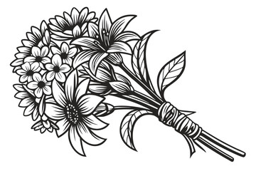 33 Black and white illustration, detailed sunflower bouquet, intricate line art, botanical drawing, floral arrangement, pen and ink style, etching technique, textured petals, clustered flowers, wrappe © Md Ruhul Amin