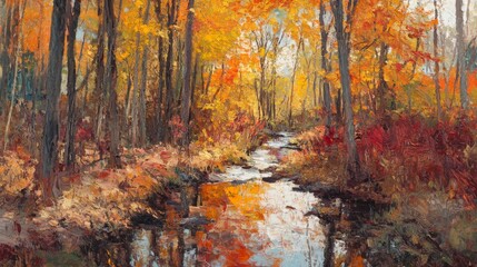 Obraz premium Autumn forest with colorful leaves and stream.