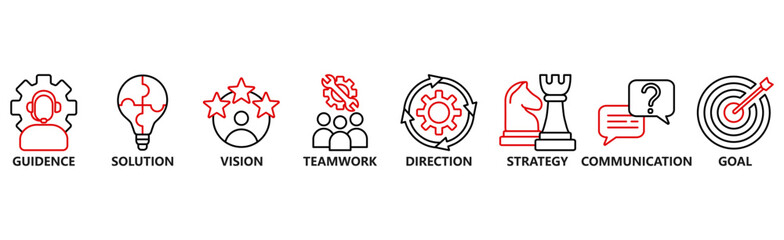 Leadership Banner web : Vector Icon Illustration Concept for Team Management Featuring Guidance, Solutions, Vision, Teamwork, Direction, Strategy, Communication, and Goals 