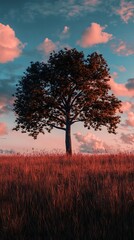 Fototapeta premium Tree silhouette against a colorful sky landscape