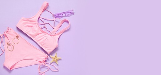 Stylish swimsuit, sunglasses and starfish on lilac background with space for text