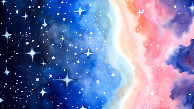 Watercolor galaxy in deep blues and purples with shimmering stars, mysterious World UFO Day background with copy space