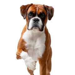 Obraz premium A playful brown and white boxer dog with a curious expression, poised in mid-stride against a white isolated background, showcasing its energetic personality.