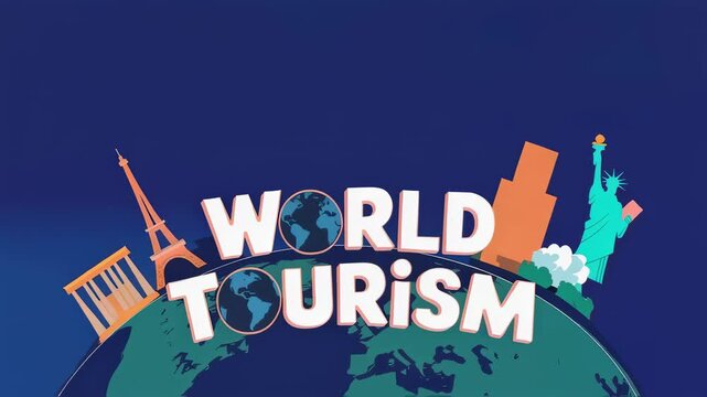 illustration of world tourism day. Landmark attraction on earth globe for travel business promotion, vector graphic design of earth planet.
