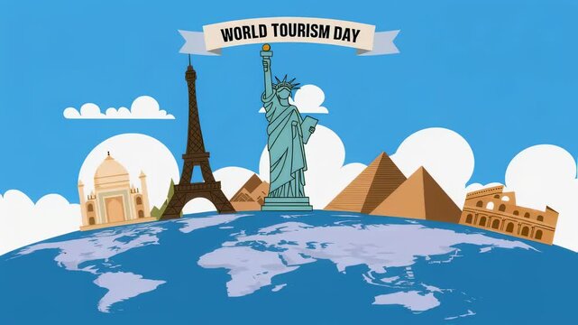 World tourism day concept. Travel the world and explore famous landmarks like statue of liberty and eiffel tower on globe in cartoon style for holiday event.
