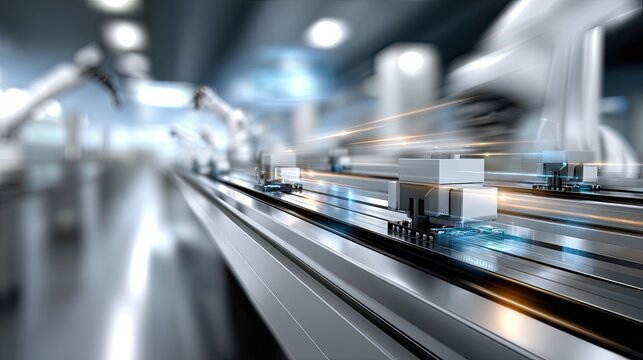 Robotic arms operate seamlessly in a high-tech factory assembling electronic components, showcasing advanced automation and efficiency