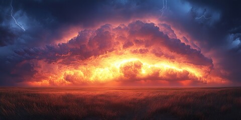 Fototapeta premium Dramatic fiery storm clouds over a field.